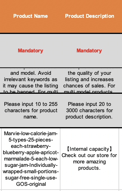 Product NameとProduct Descriptionの入力例